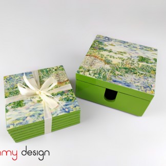 Set of  6 green hand-painted scenery coasters with box 